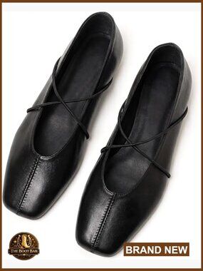 Ballet Flats with Criss Cross Strap Square Toe Comfortable Dress Shoes for Work